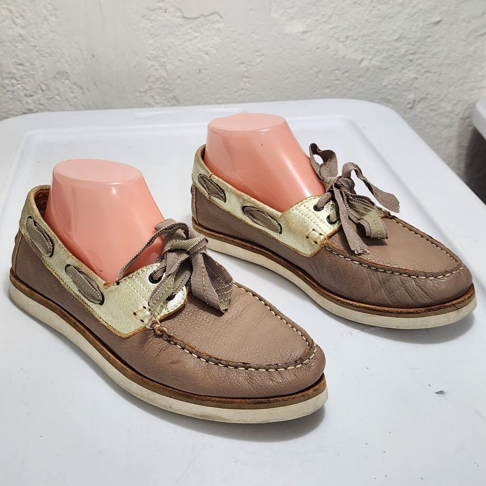 Lanvin Metallic-Trimmed Boat Shoes Tan Gold Lace-up Leather Womens Size 8.5-9